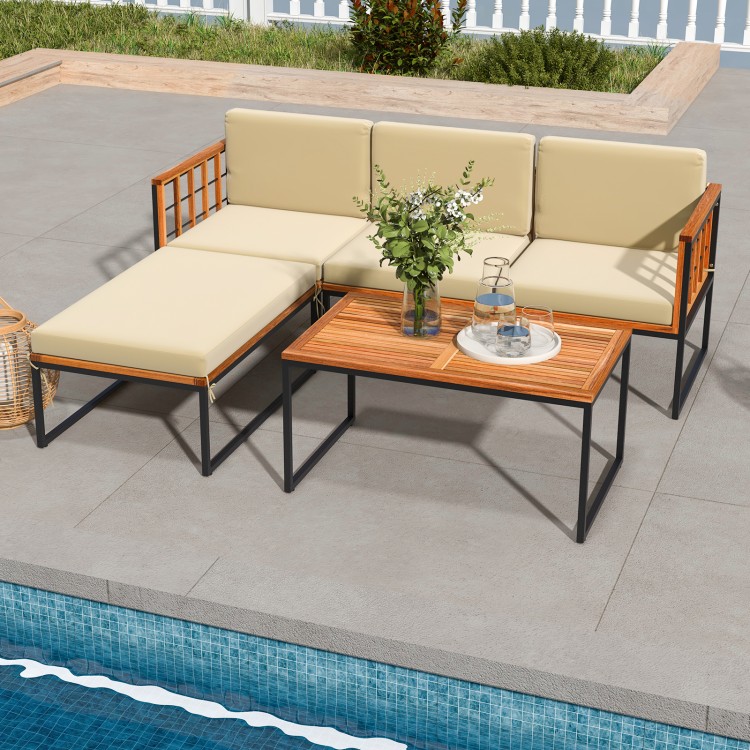 Acacia wood sectional patio furniture set with beige cushions, ideal for poolside relaxation and outdoor gatherings.