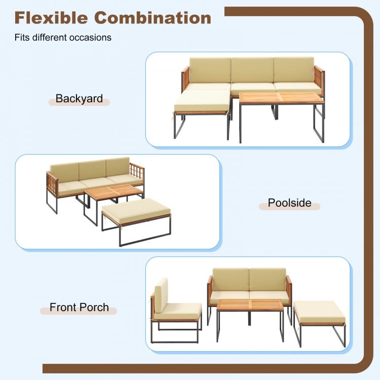 5-piece acacia wood sectional patio furniture set with beige cushions, ideal for backyard, poolside, or front porch use.