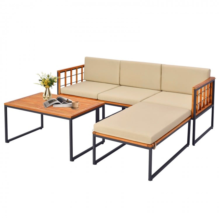 Acacia wood sectional patio furniture set with beige cushions and slatted design, perfect for backyard relaxation.