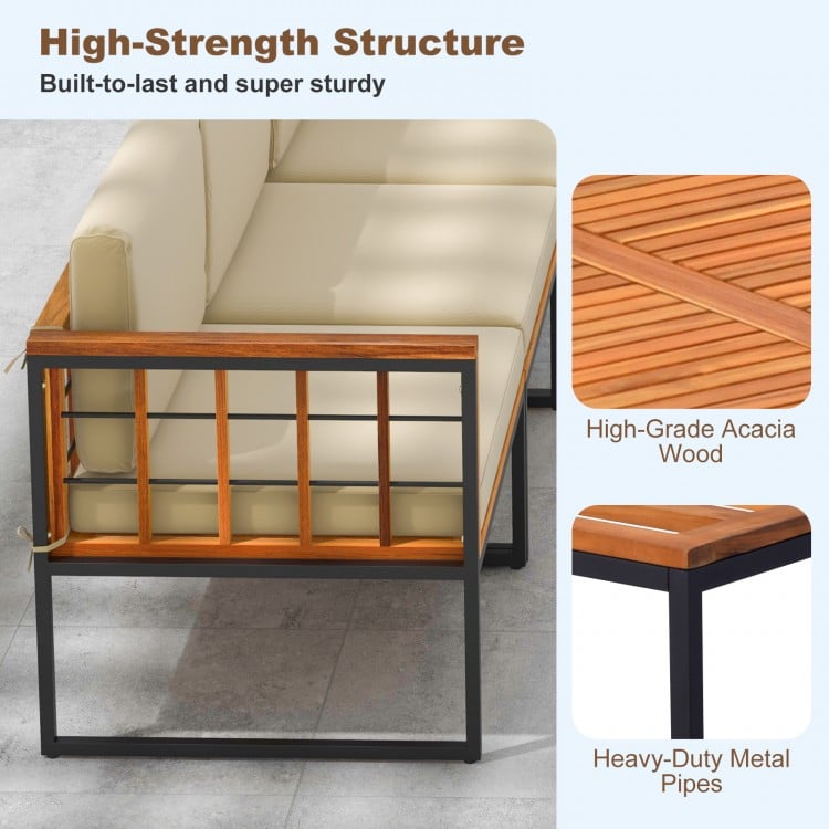 Acacia wood frame and heavy-duty metal pipes of the patio sectional set, showcasing durability and elegant design.