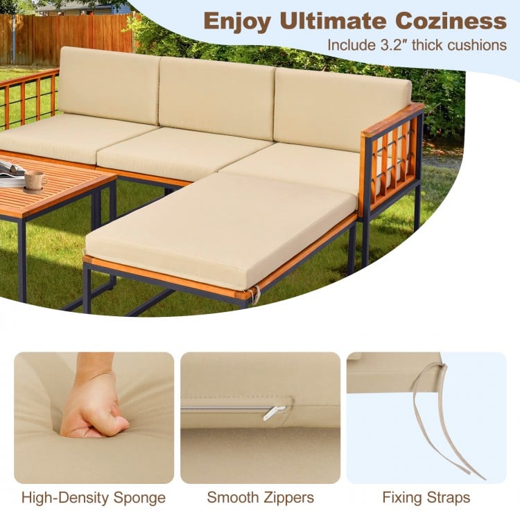 Beige 5-piece patio furniture set with acacia wood frame and thick cushions, perfect for backyard relaxation.
