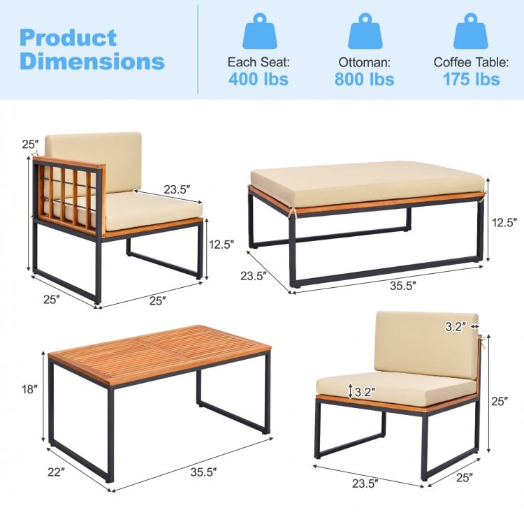 Dimensions of the 5 Pieces Patio Furniture Set featuring acacia wood and metal frame, ideal for outdoor relaxation.