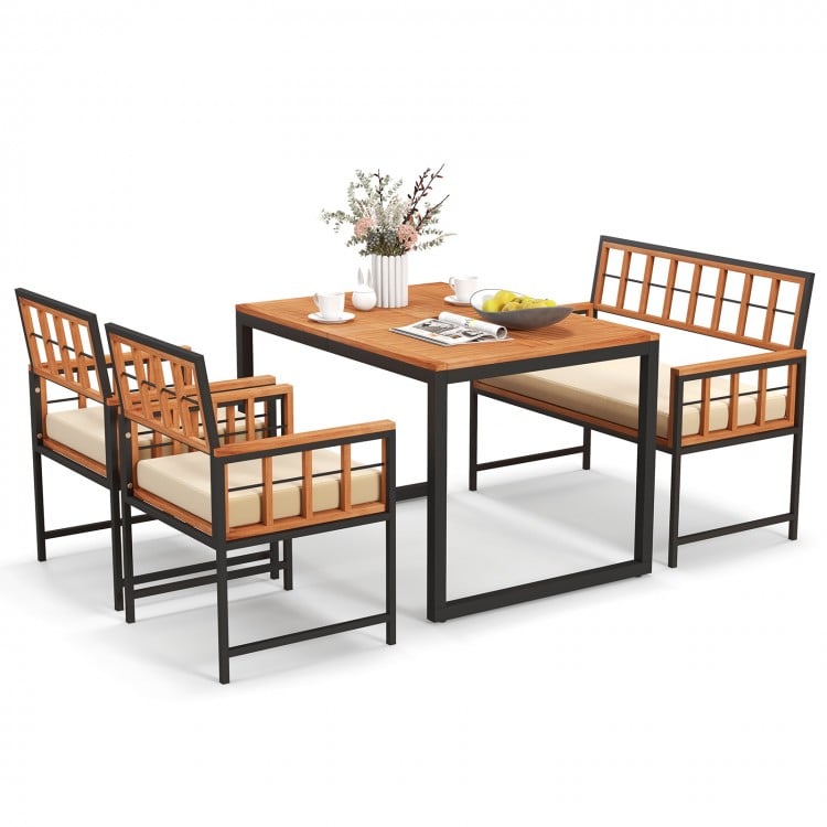 Acacia wood patio dining set featuring a rectangular table and two cushioned chairs, perfect for outdoor gatherings.