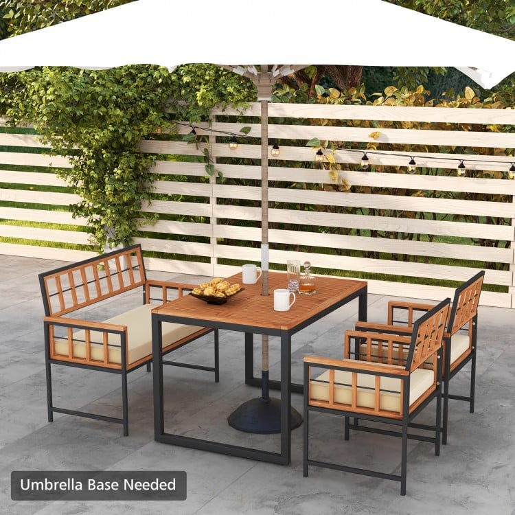 4-piece acacia wood patio dining set with rectangular table and cushions, perfect for outdoor dining and relaxation.