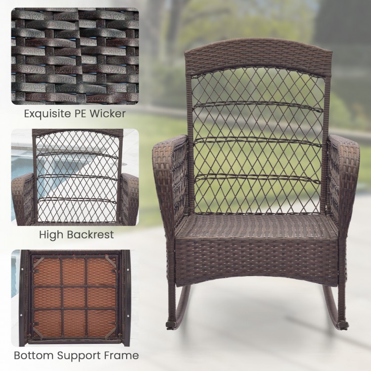Close-up of the exquisite PE wicker texture on the rocking chair from the 3 Pieces Rocking Bistro Set for outdoor.
