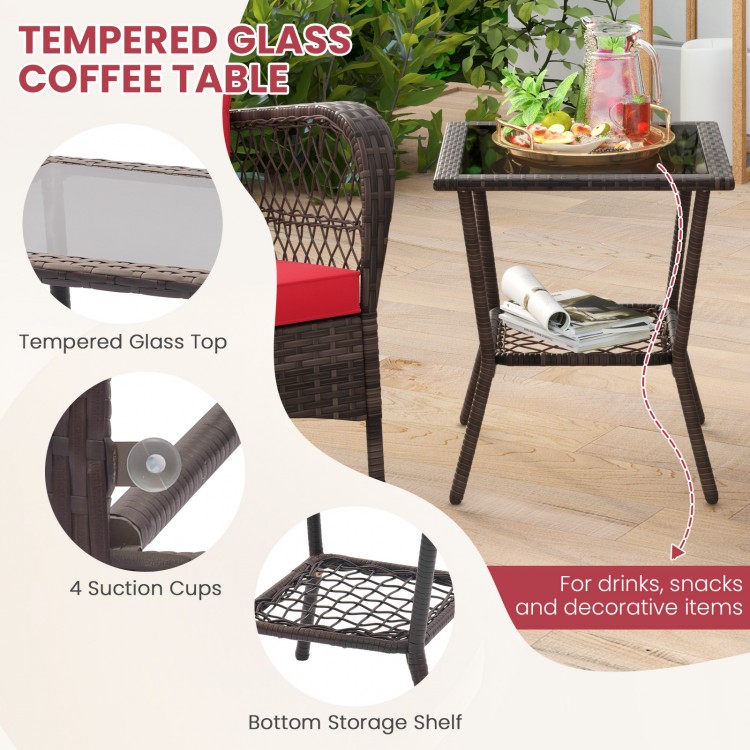 Tempered glass coffee table with 2-tier design, featuring PE rattan and suction cups, ideal for outdoor use.
