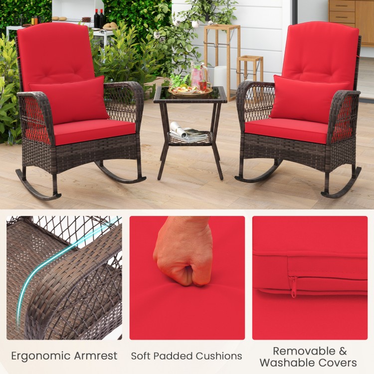 Rocking bistro set featuring two chairs with red cushions, a 2-tier coffee table, and elegant PE rattan for outdoor use.