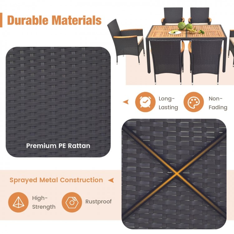 Close-up of premium PE rattan texture from the 7 pieces outdoor dining set, showcasing durability and non-fading.