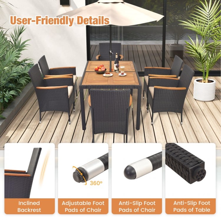 Inclined backrest and armrests of the 7-piece outdoor dining set with acacia wood tabletop for backyard comfort.