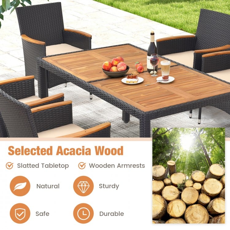 7-piece outdoor dining set featuring a slatted acacia wood tabletop and padded cushions, perfect for backyard.