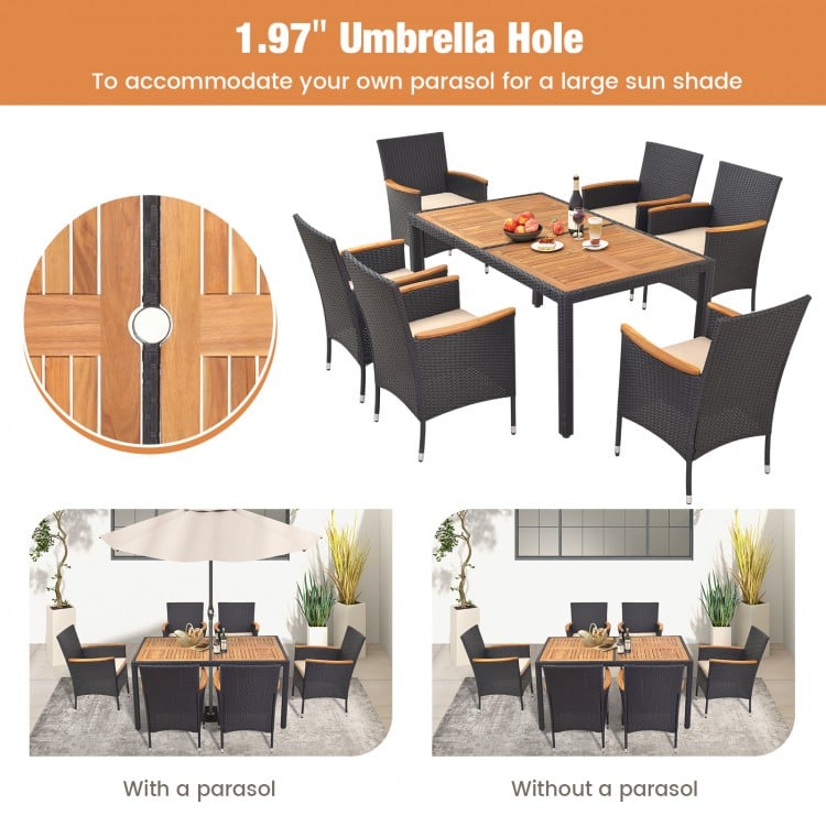 7-piece outdoor dining set featuring a 1.97" umbrella hole, acacia wood tabletop, and padded cushions for comfort.