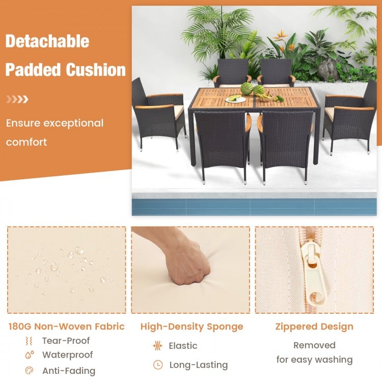 Detachable padded cushion on a 7-piece outdoor dining set, featuring waterproof fabric and ergonomic design for comfort.