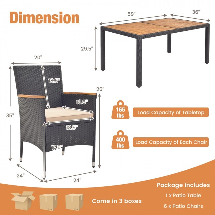 7-piece outdoor dining set featuring acacia wood tabletop, padded cushions, and umbrella hole for backyard comfort.