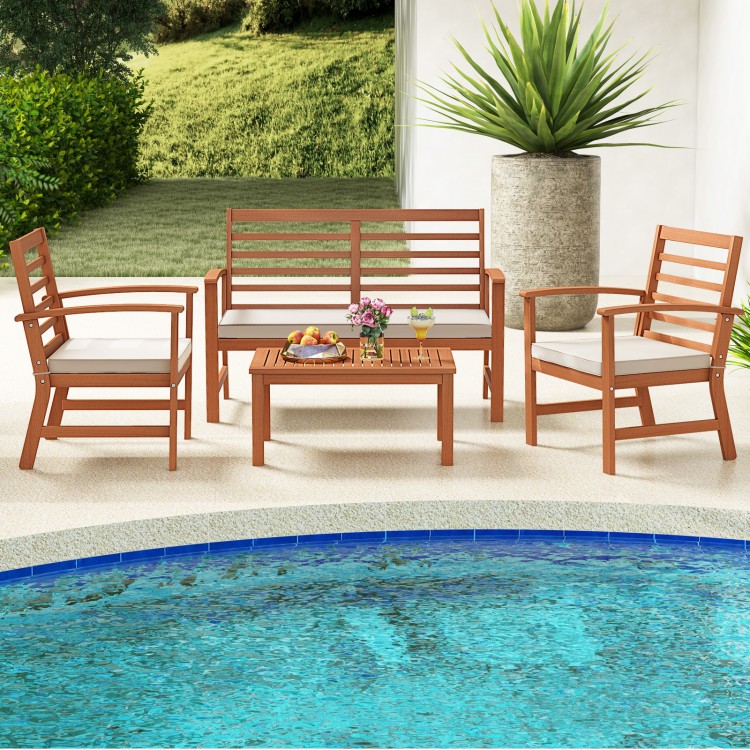 4-piece outdoor furniture set featuring a sturdy acacia wood frame and beige cushions, perfect for poolside relaxation.