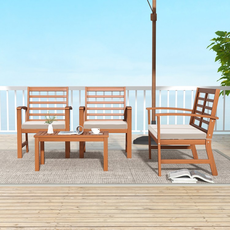 Four-piece outdoor furniture set featuring a stable acacia wood frame and beige cushions, perfect for poolside.