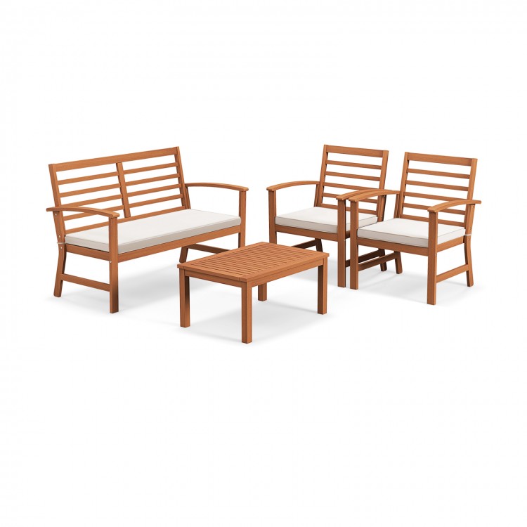 4-piece outdoor furniture set featuring a stable acacia wood frame and beige cushions, perfect for backyard relaxation.