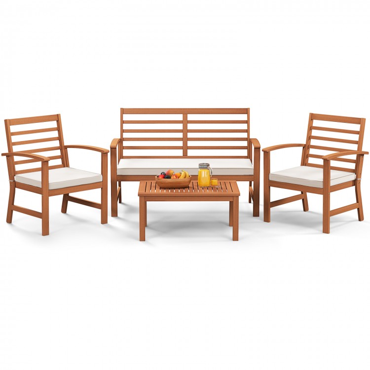 Outdoor furniture set featuring a sturdy acacia wood frame and beige cushions, perfect for poolside relaxation.