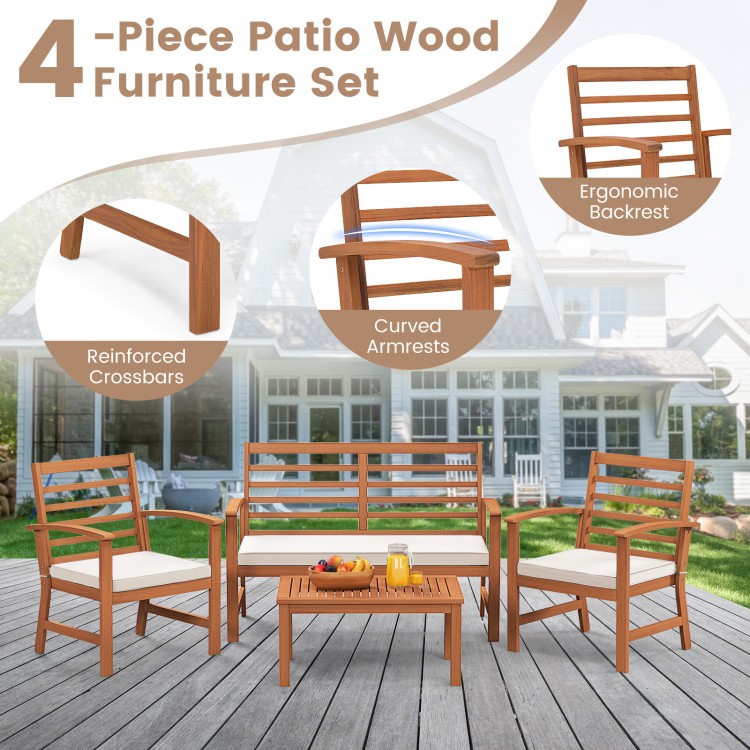 Side view of a chair from the 4-piece outdoor furniture set, showcasing the ergonomic design and beige cushion for.