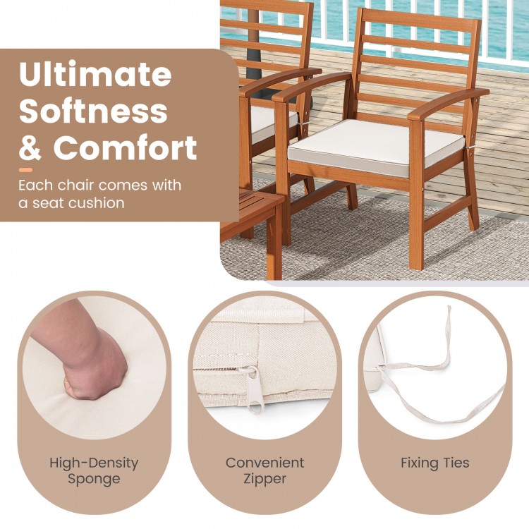 Single chair from the 4-piece outdoor furniture set, featuring a sturdy acacia wood frame and beige cushion for comfort.