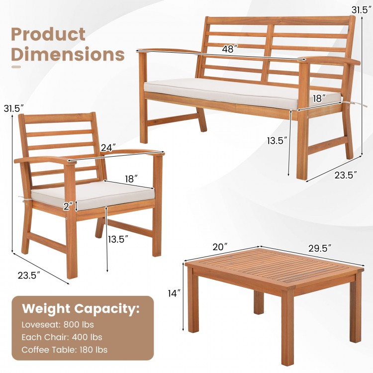 Outdoor furniture set featuring a sturdy acacia wood frame and beige cushions, ideal for poolside or backyard.