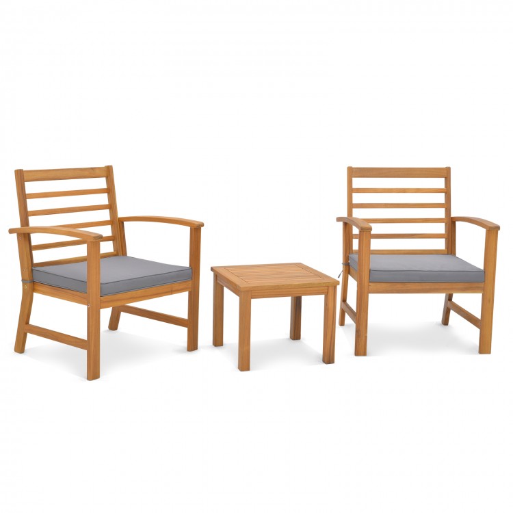 Two acacia wood chairs with gray cushions and a matching table, perfect for outdoor relaxation and decor.