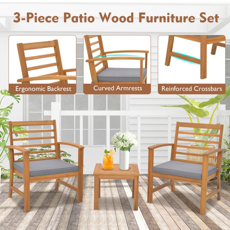 3-piece outdoor furniture set featuring sturdy acacia wood, gray soft seat cushions, ideal for poolside or backyard.