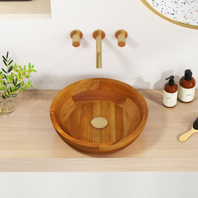 Teak wood washbasin with rounded corners, featuring a drainage hole, perfect for kitchens and bathrooms.