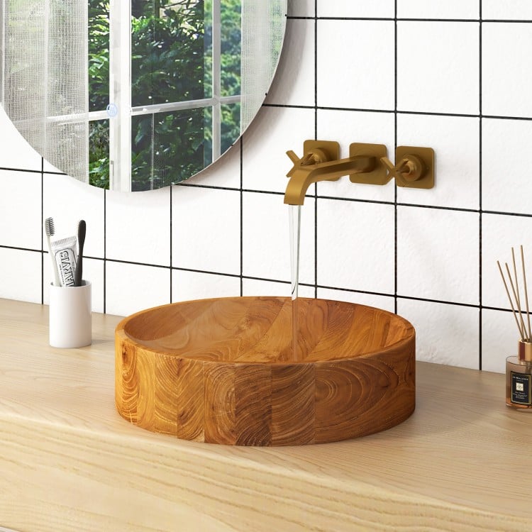 Teak wood washbasin with smooth finish and rounded corners, ideal for kitchens or bathrooms, featuring easy drainage.