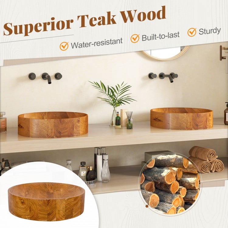 16-inch teak wood washbasin with smooth finish, rounded corners, and waterproof surface for kitchens and bathrooms.