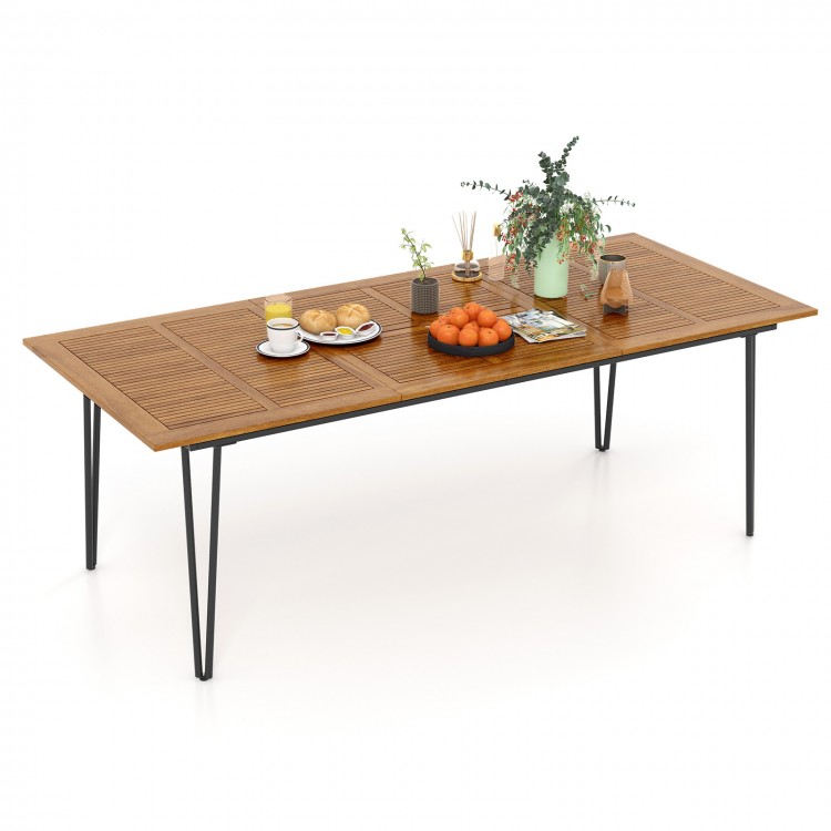 Rectangular 86.5-inch patio dining table with acacia wood top, metal legs, and umbrella hole, perfect for outdoor.