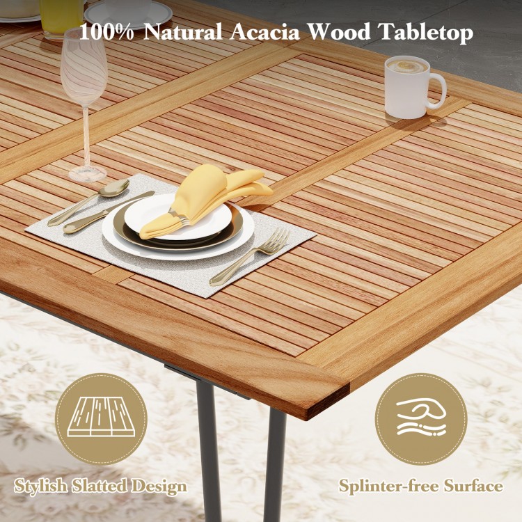 Rectangular 86.5-inch acacia wood patio dining table with slatted design, suitable for 8 people, featuring an umbrella.