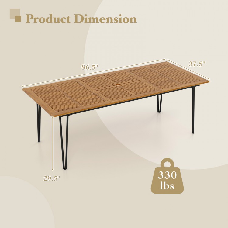 86.5-inch rectangular patio dining table with acacia wood top and metal legs, designed for 8 people, featuring an.