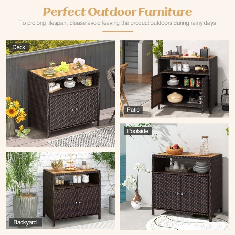 Rattan storage cabinet with acacia wood countertop, featuring a 2-door design for outdoor patio or poolside use.