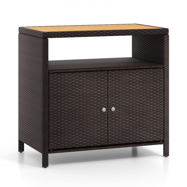 Rattan storage cabinet with acacia wood countertop, featuring a 2-door design, ideal for poolside or patio use.