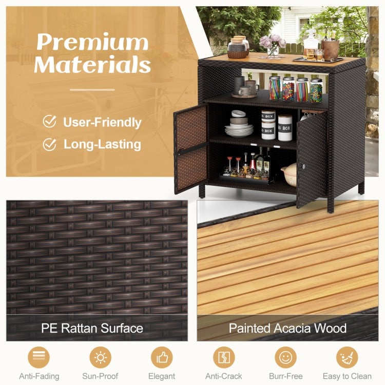 Rattan storage cabinet with painted acacia wood countertop, featuring a 2-door design for outdoor patio and poolside.