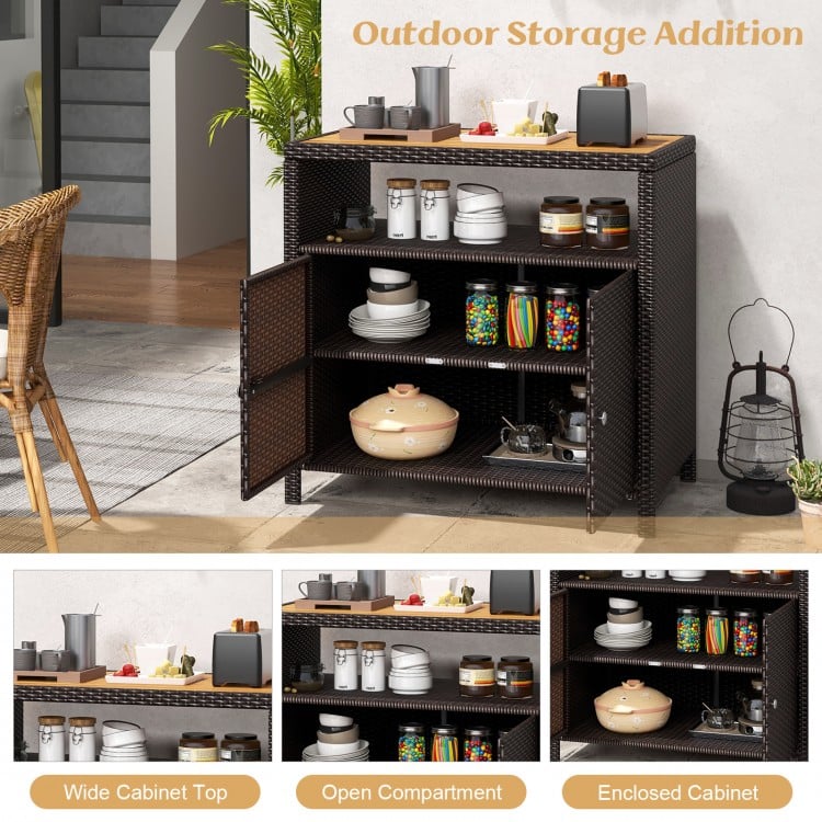 Rattan storage cabinet with acacia wood countertop, featuring open compartments and enclosed space for outdoor patio.