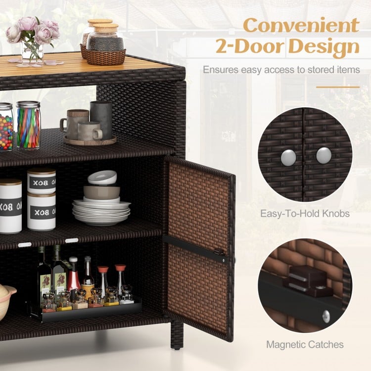 Rattan storage cabinet with acacia wood countertop, featuring a 2-door design and easy-to-hold knobs for outdoor use.