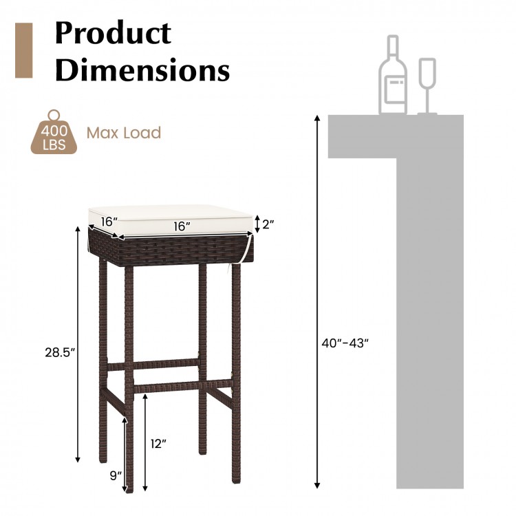 Patio rattan barstool dimensions with footrest, soft cushions, and 400 lbs capacity for backyard or balcony use.