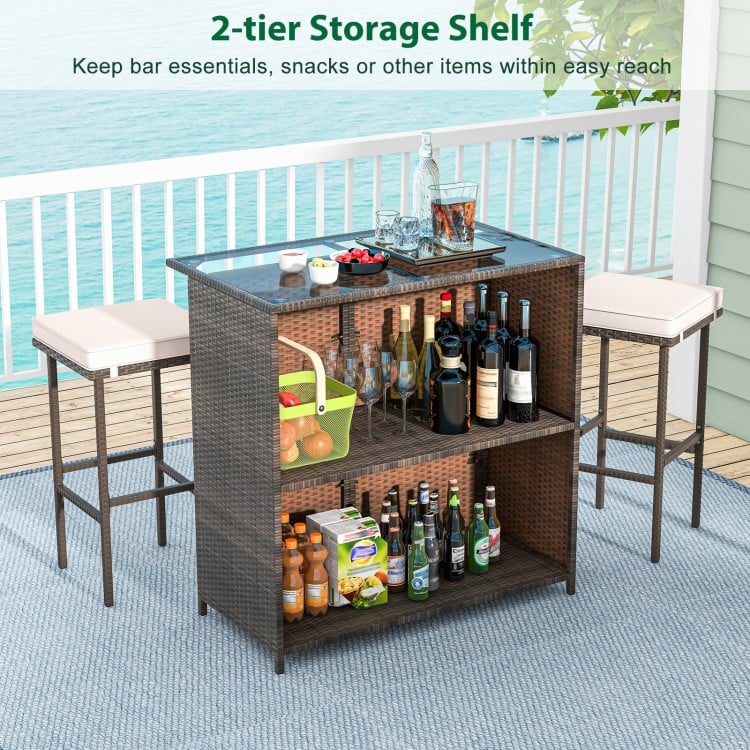 Rattan bar set featuring a tempered glass tabletop and 2-tier storage shelf, perfect for indoor and outdoor use.