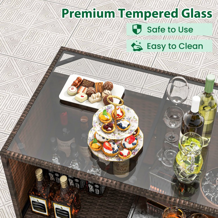 Tempered glass tabletop of a brown rattan bar set, featuring a 2-tier storage design for indoor and outdoor use.