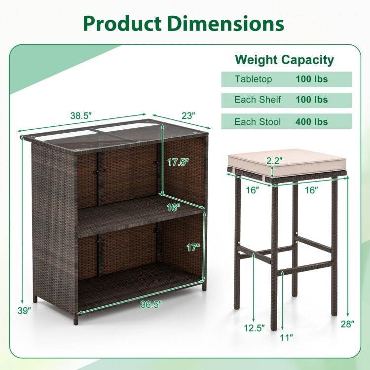 3-piece patio bar set featuring a tempered glass tabletop and PE rattan, ideal for indoor and outdoor use.