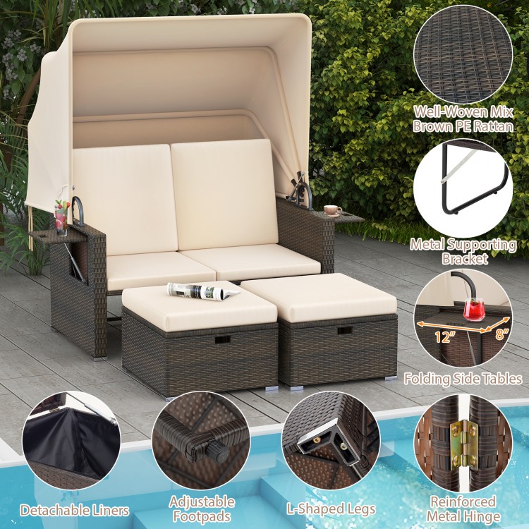 Outdoor patio rattan daybed with retractable canopy, adjustable backrests, and ottomans for versatile outdoor.