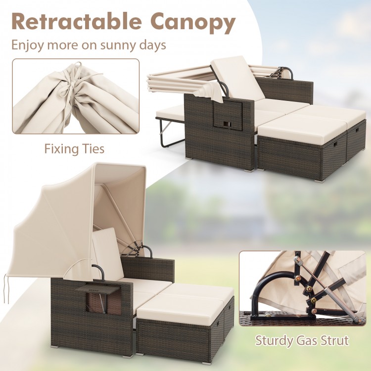 Outdoor patio rattan daybed with beige retractable canopy and adjustable backrests, perfect for backyard relaxation.