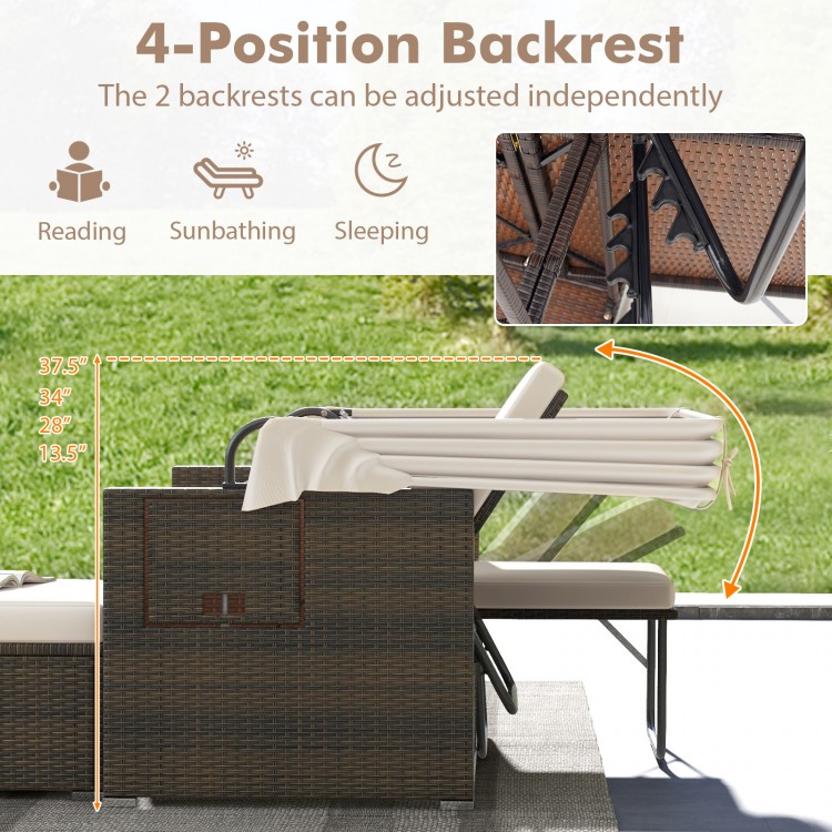 Adjustable backrests of the Outdoor Patio Rattan Daybed in beige, perfect for sunbathing or reading by the poolside.