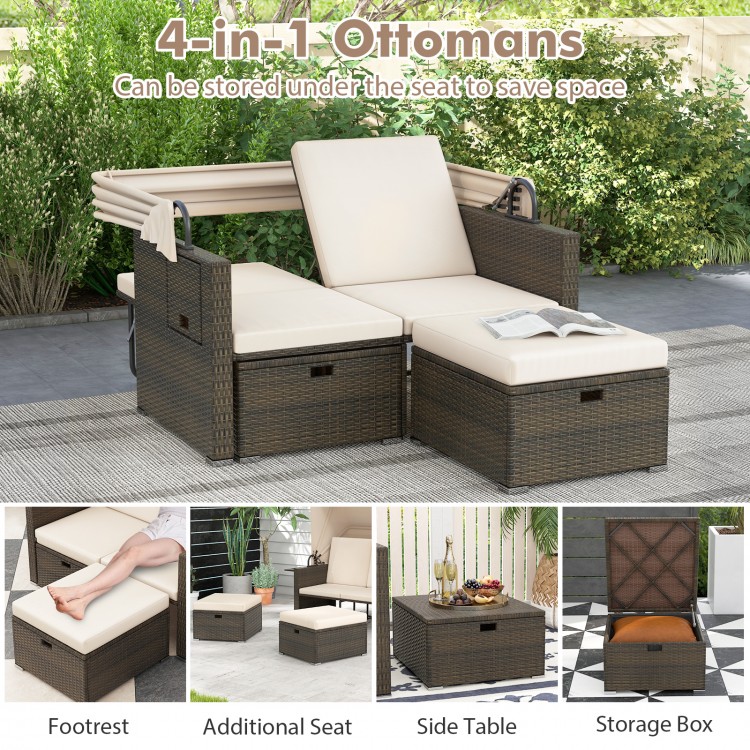 Outdoor patio rattan daybed with beige cushions, adjustable backrests, and 4-in-1 ottomans for versatile outdoor use.