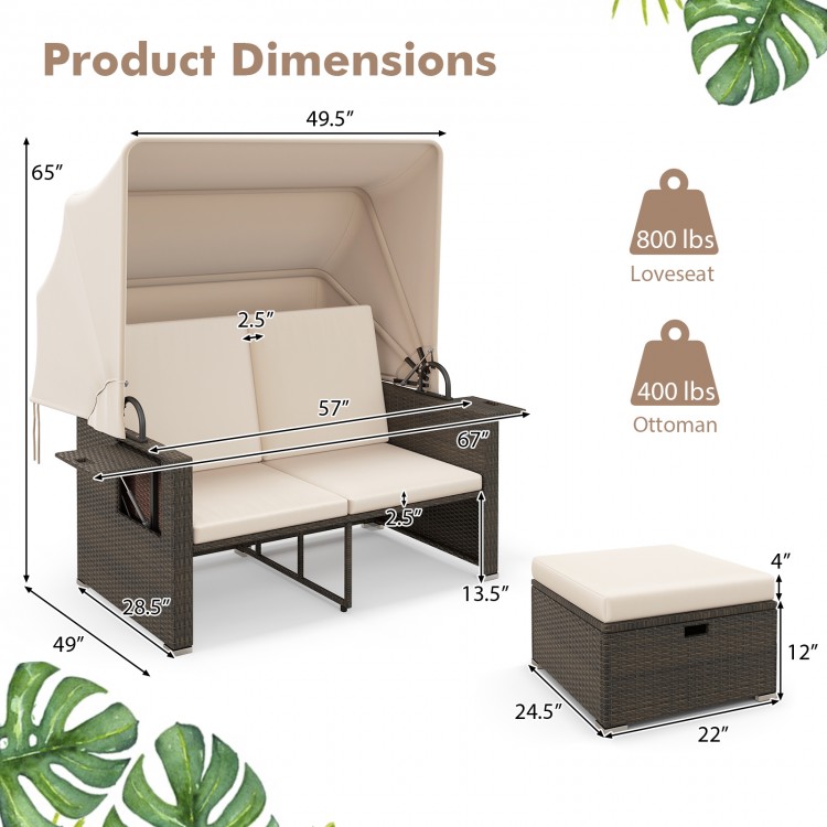 Outdoor patio rattan daybed with retractable canopy, adjustable backrests, and ottoman dimensions for backyard.