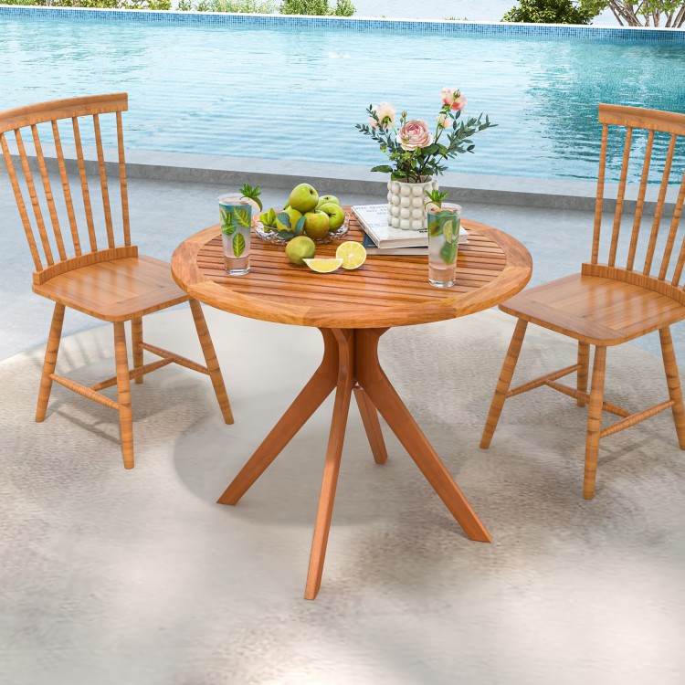 35.5-inch patio wood dining table with slatted tabletop and curved legs, perfect for 4 people in backyard or garden.