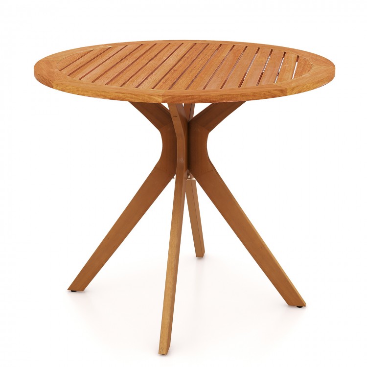 35.5-inch patio wood dining table with slatted tabletop and curved legs, perfect for backyard or garden seating for 4.