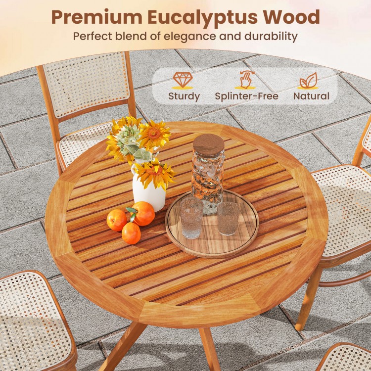 35.5-inch patio dining table made of eucalyptus wood with slatted tabletop, ideal for backyard gatherings.