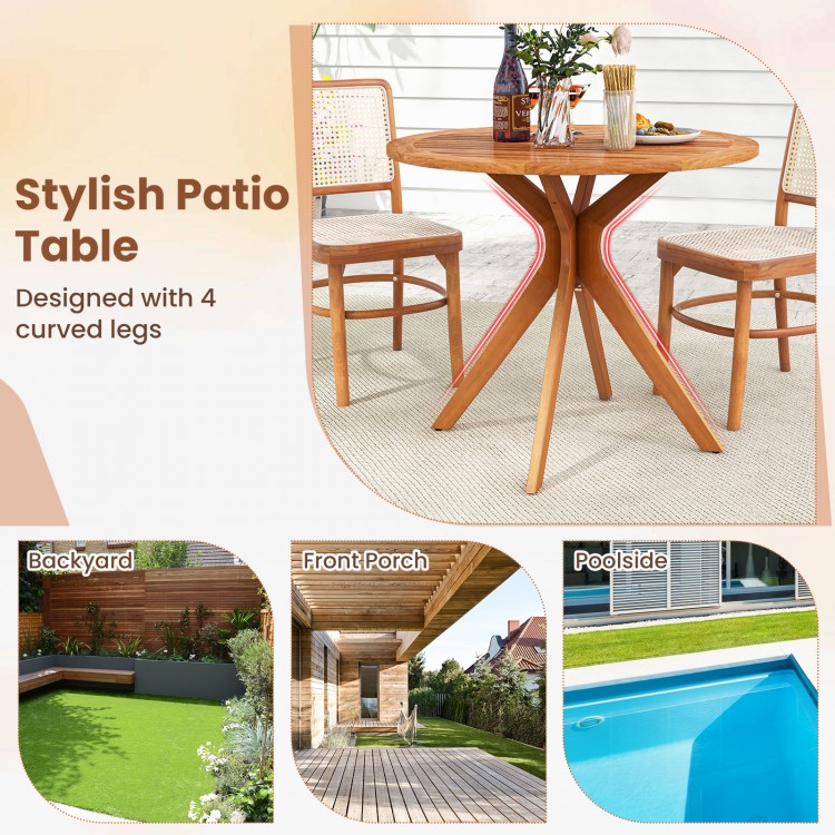 35.5-inch patio wood dining table with slatted tabletop and curved legs, perfect for backyard gatherings or poolside.